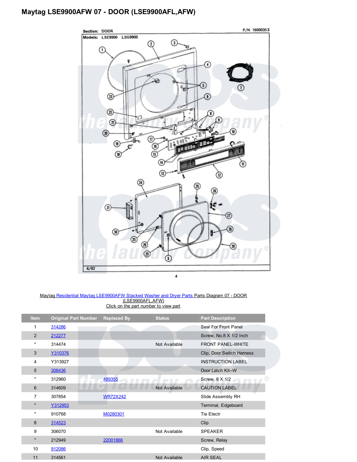 Maytag LSE9900AFW Stacked and Parts Diagram