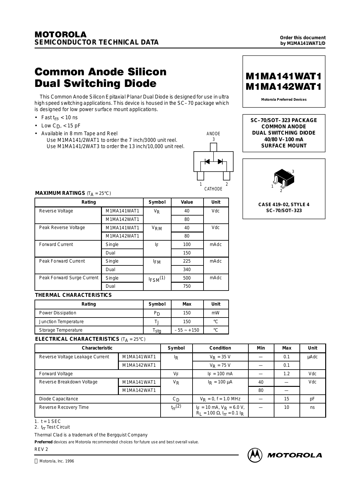 MOTOROLA M1MA141WAT1, M1MA142WAT3, M1MA141WAT3 Datasheet