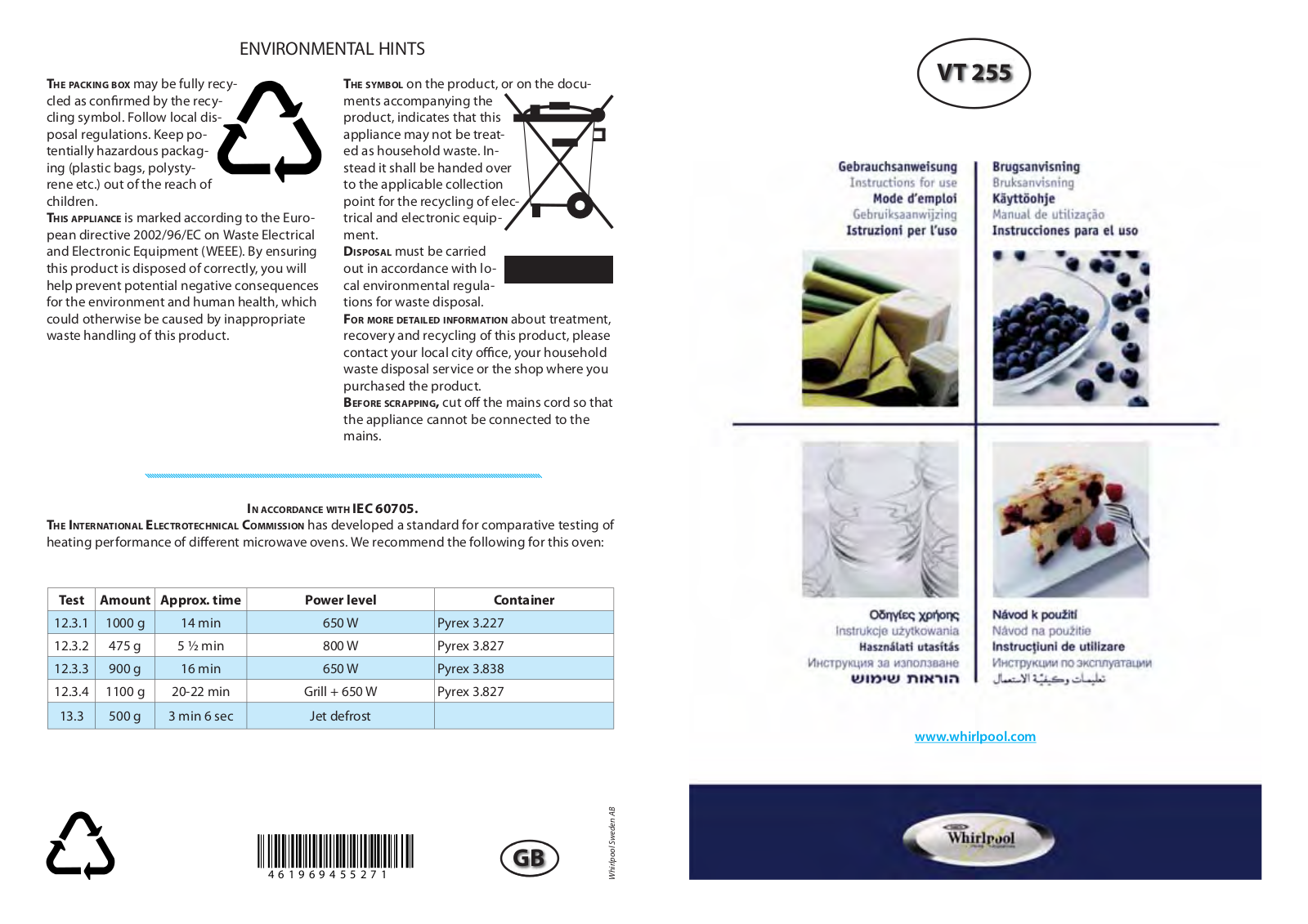 Whirlpool VT 255/WH User Manual