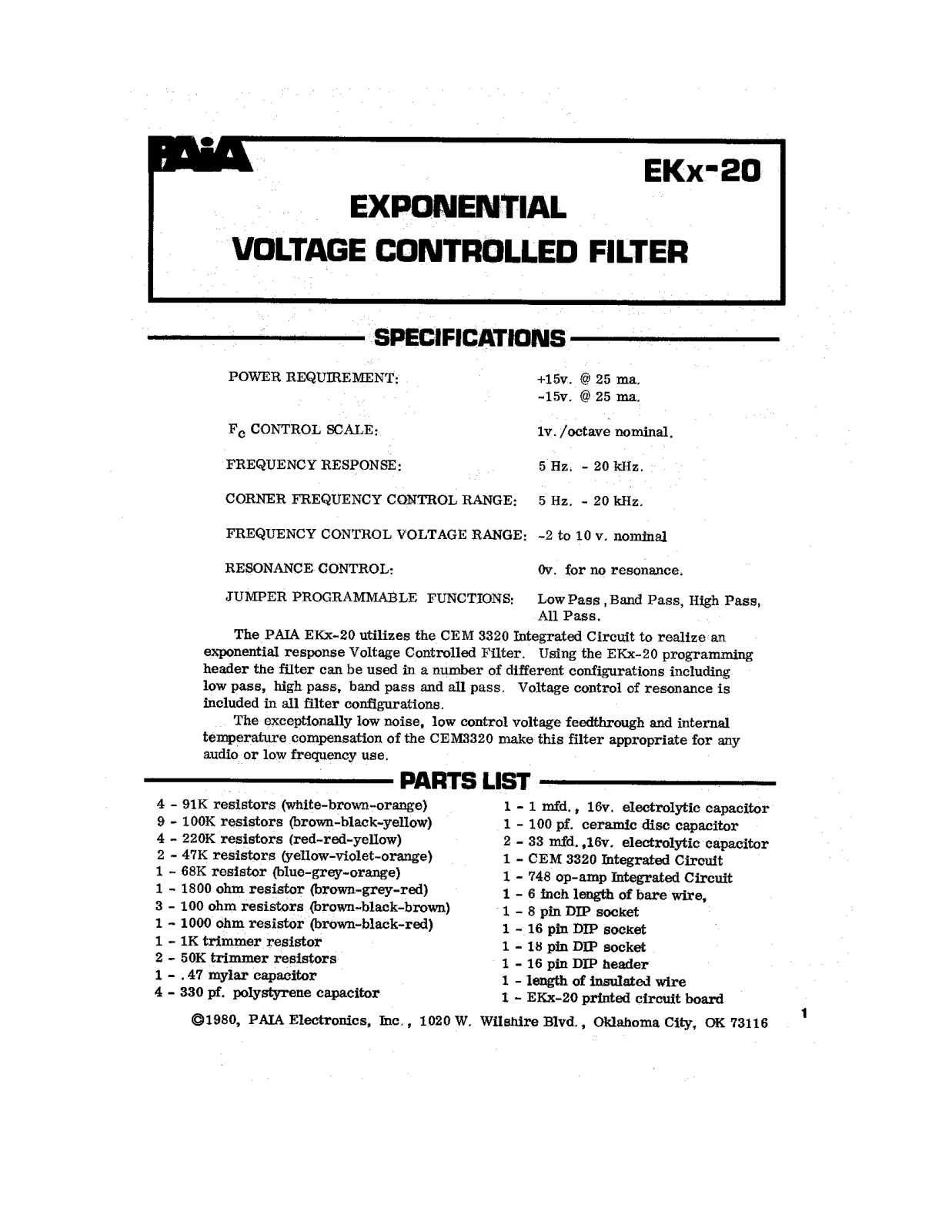 PAiA Electronics EKx-20 Instruction Manual