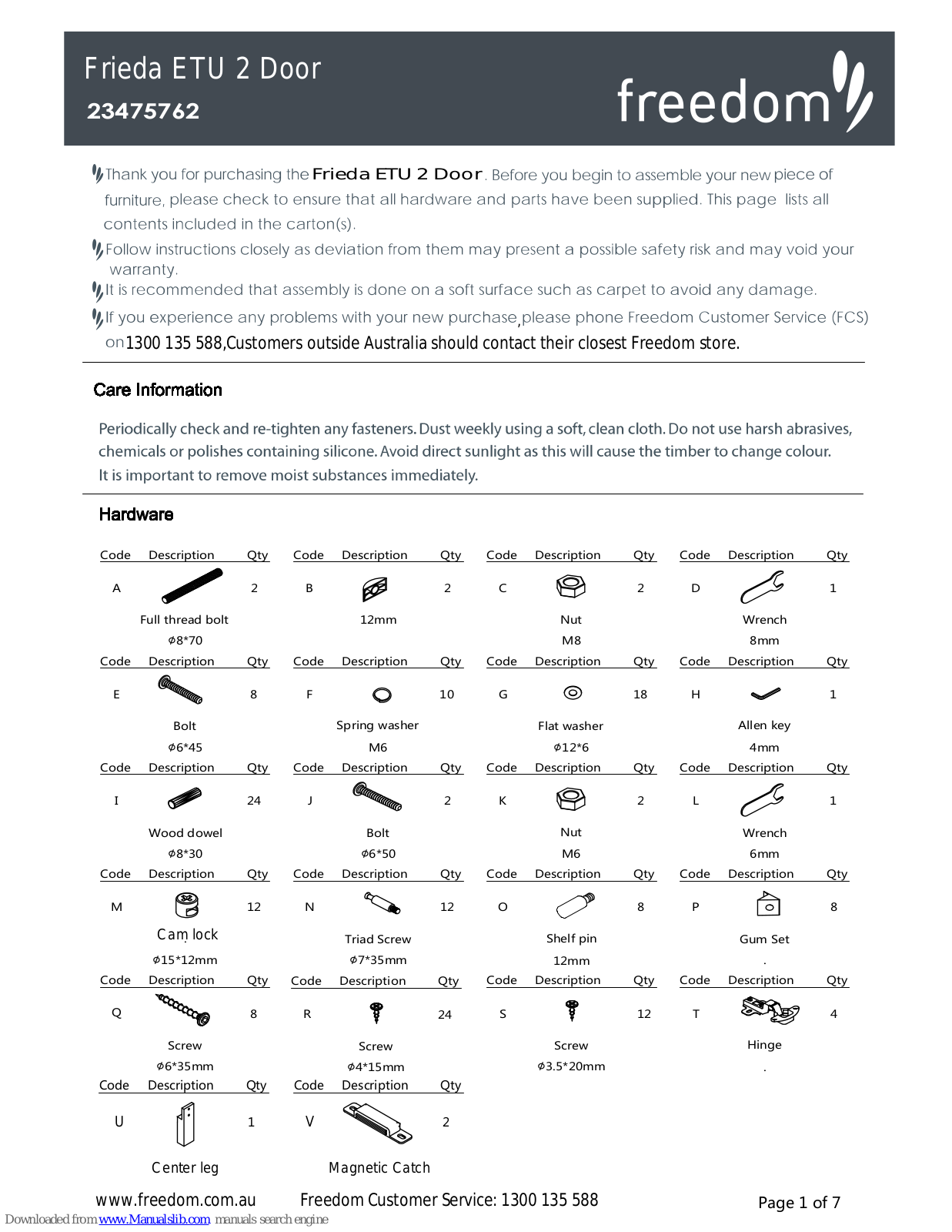 Freedom Frieda ETU 2 Door, 23475762 Assembly Instructions Manual