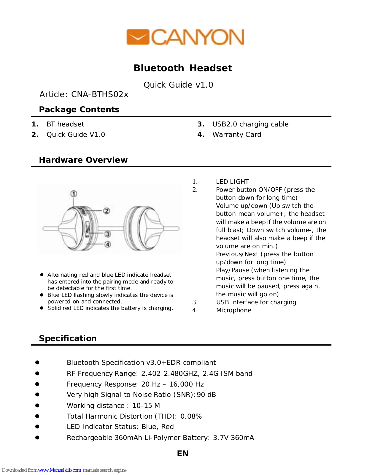 Canyon CNA-BTHS02x Quick Manual