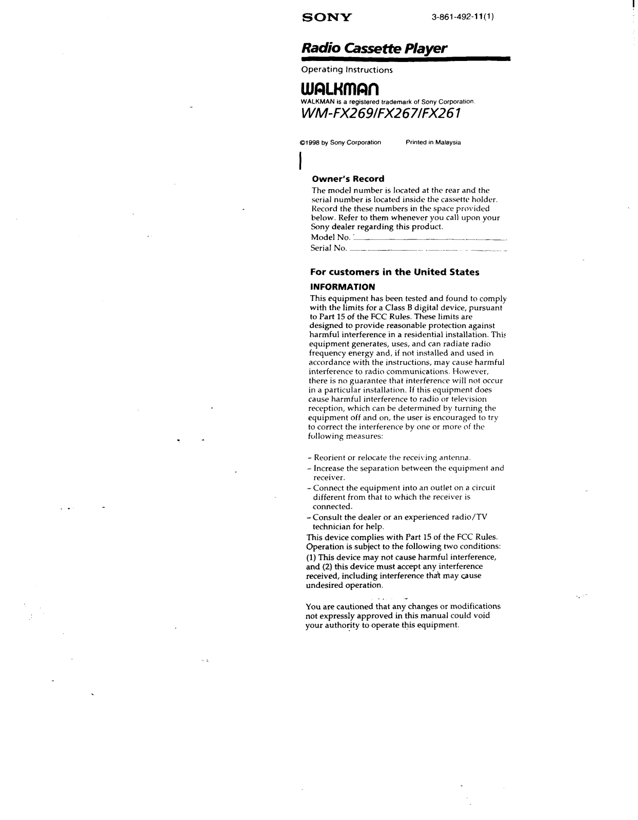 Sony WM-FX269 User Manual