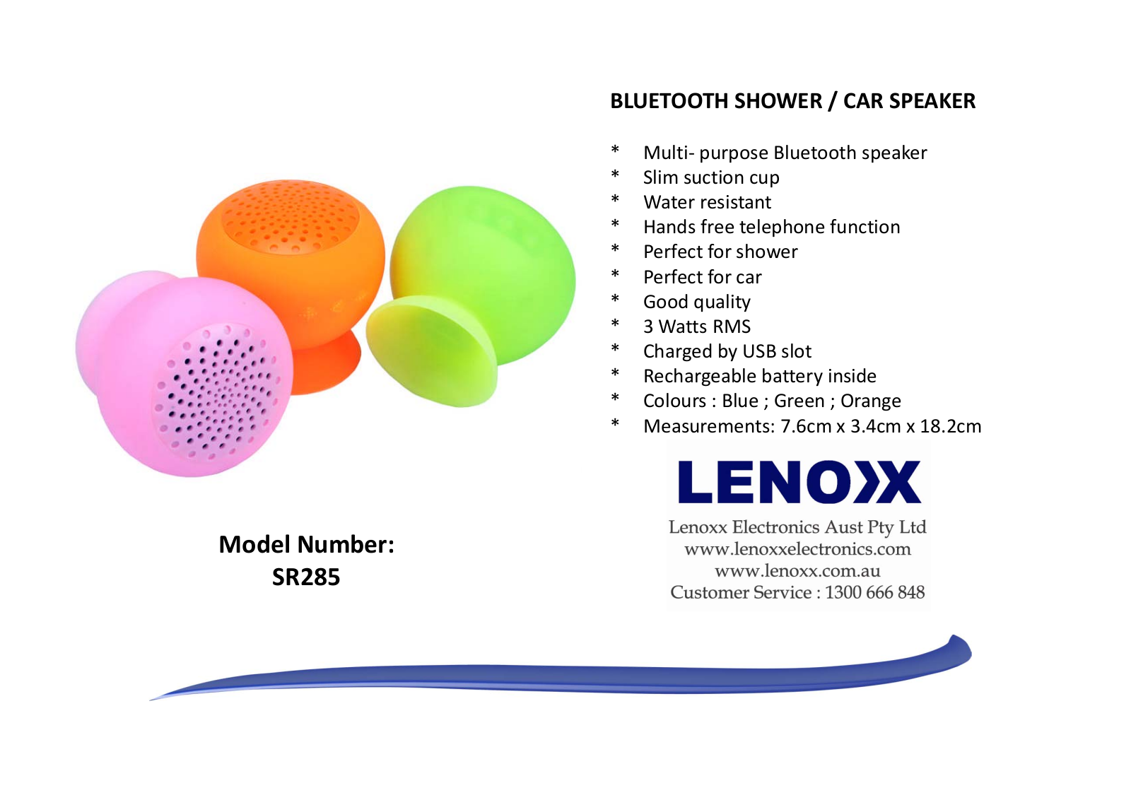 Lenoxx SR285 Specifications Sheet