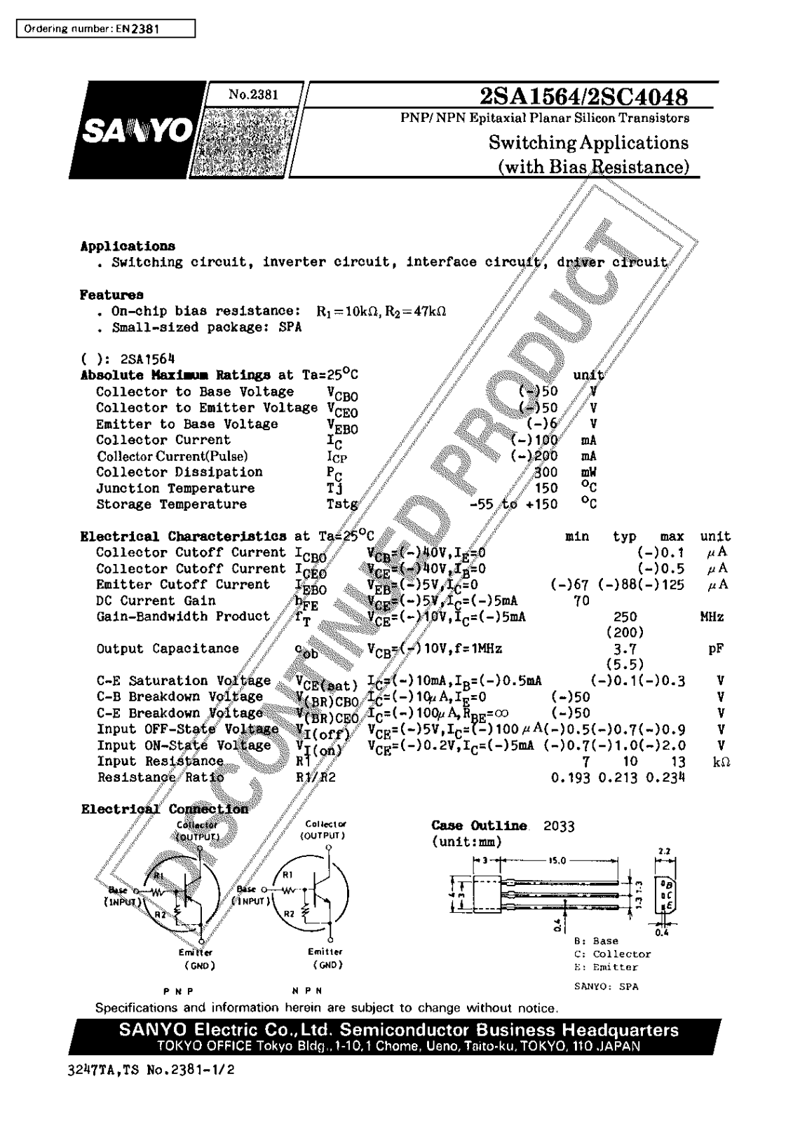 Sanyo 2SA1564 Specifications