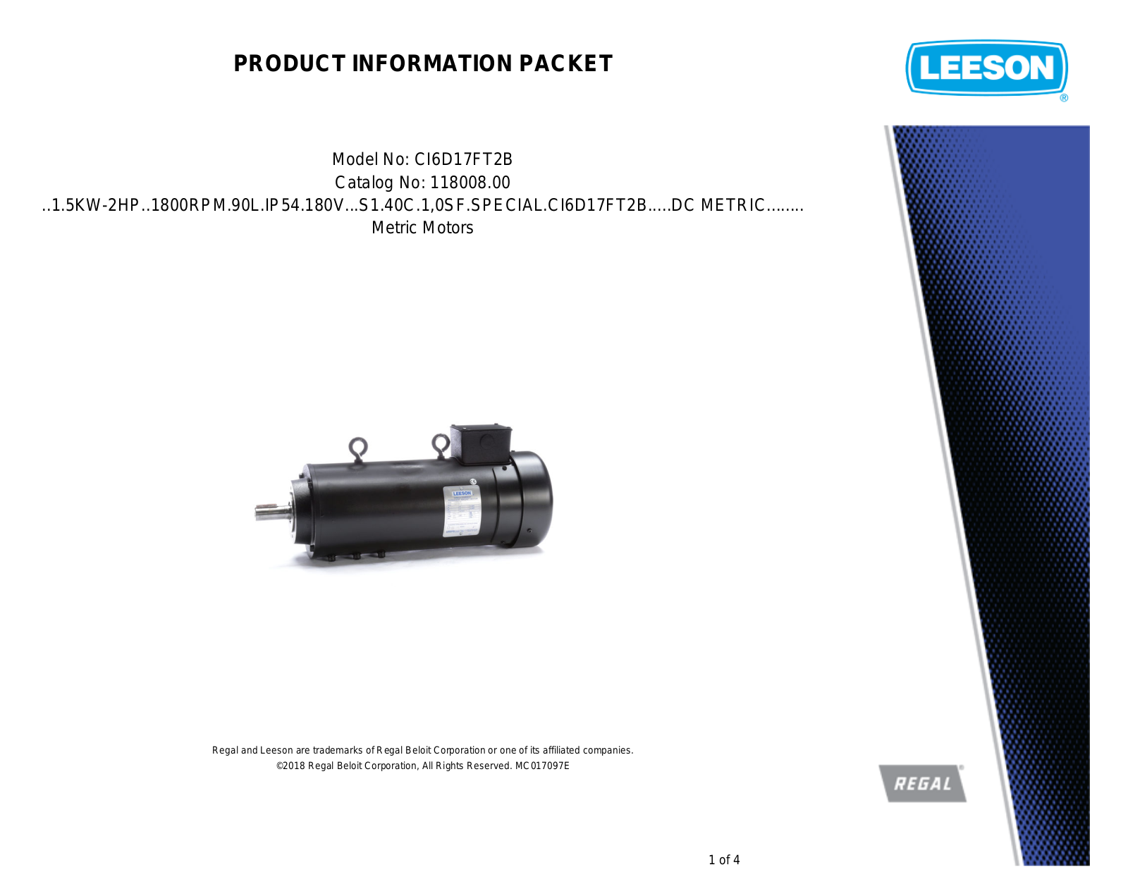 Leeson 118008.00 Product Information Packet