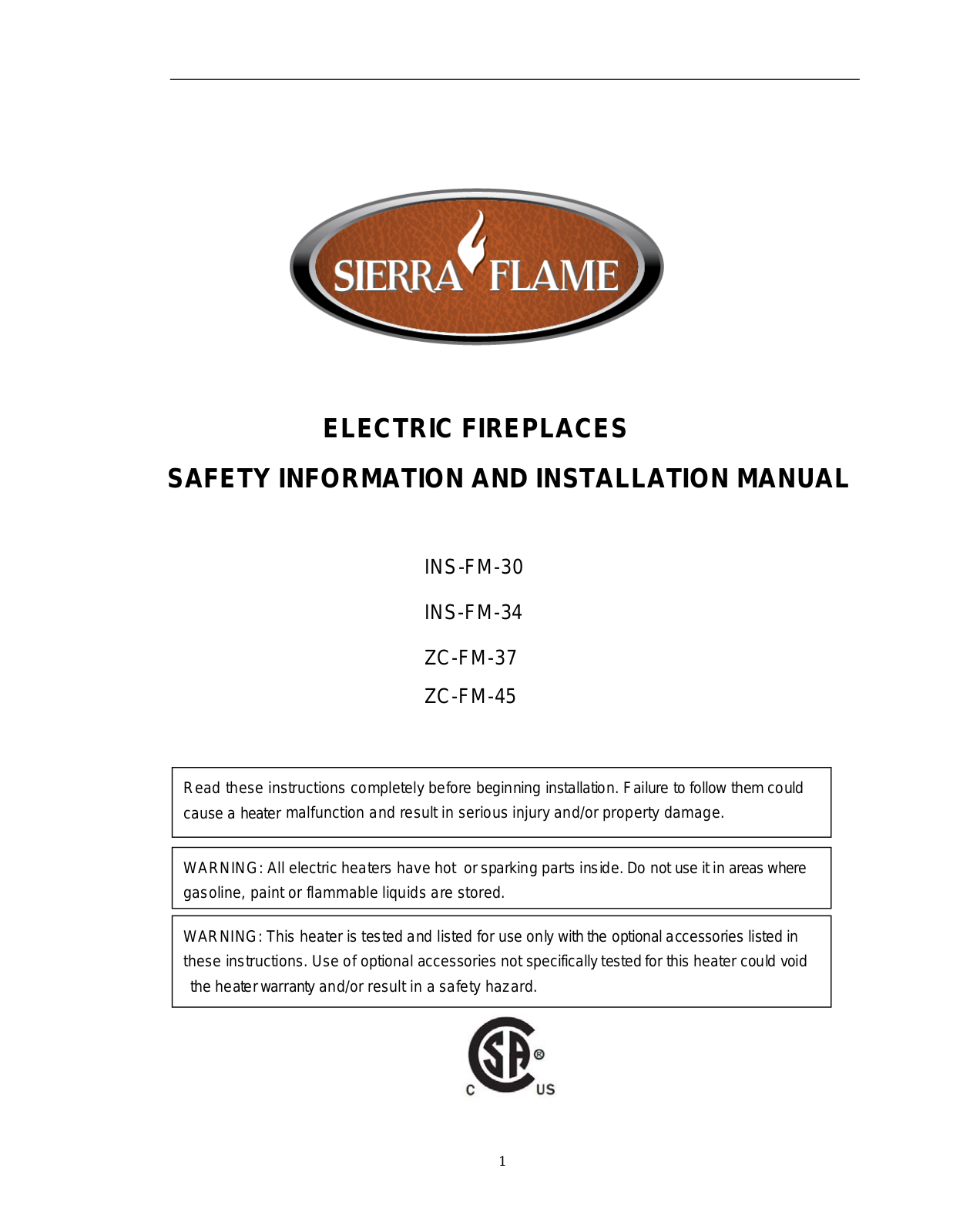 Sierra Flame INSFM30 Installation Manual