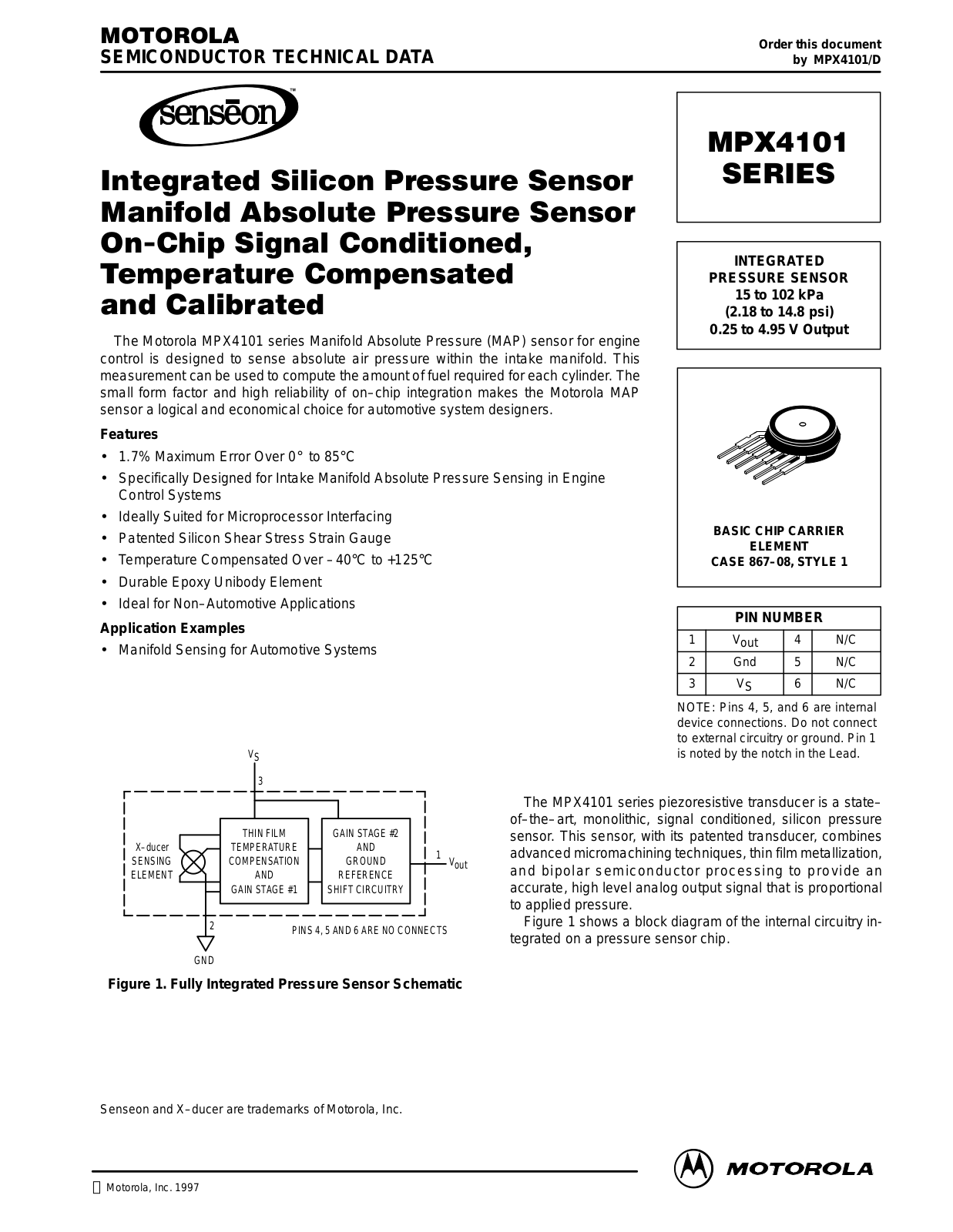 Motorola MPX4101AS, MPX4101A, MPX4101ASX, MPX4101AP Datasheet