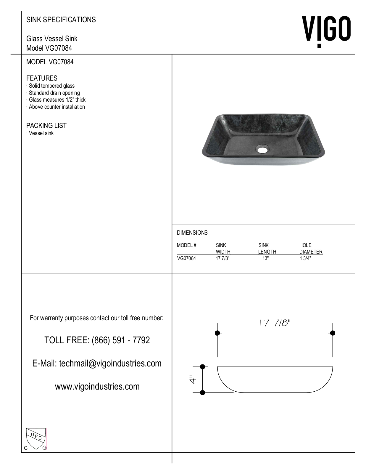 Vigo VGT1651, VGT1701, VGT1951, VG07084, VGT1852 Specifications