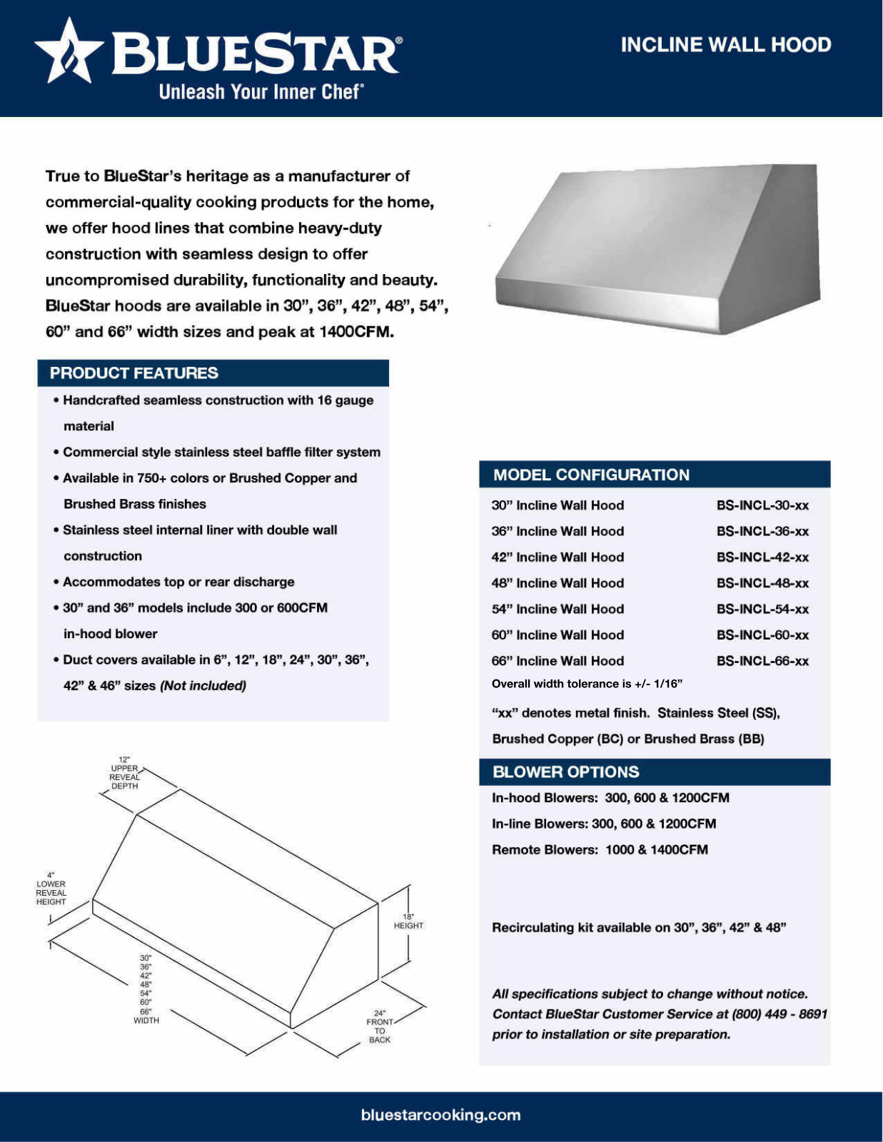 BlueStar BSINCL48SS Specification Sheet