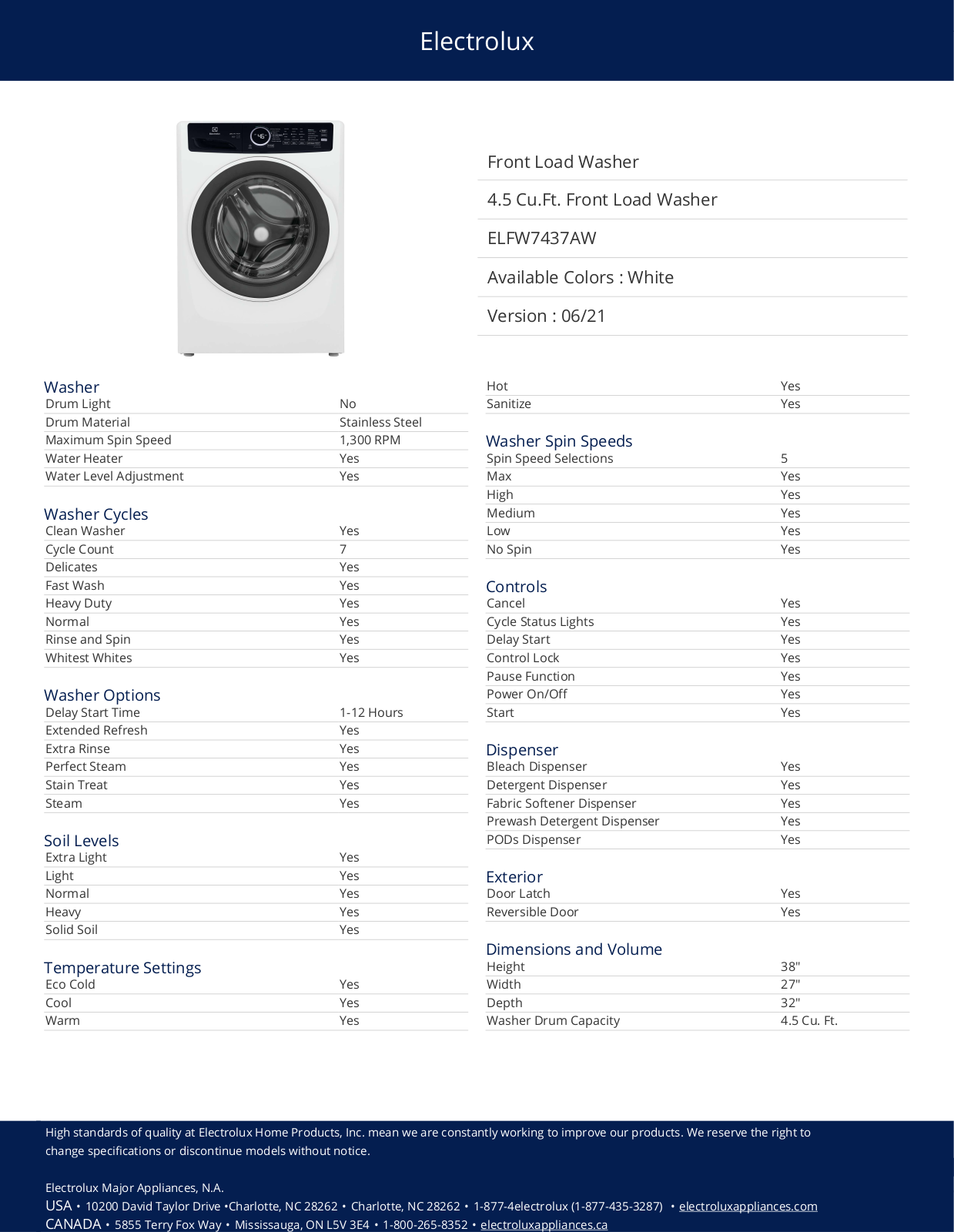 Electrolux ELFW7437AW Specification Sheet