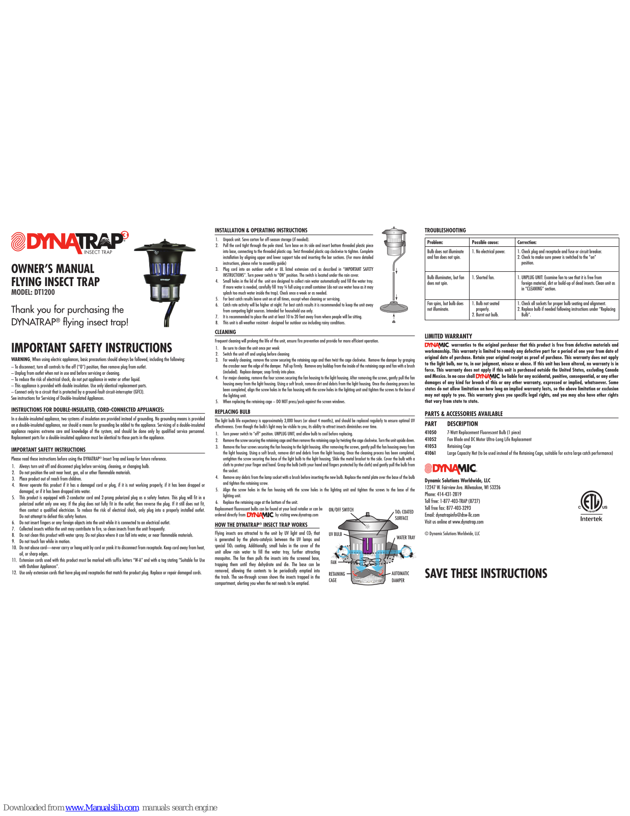 Dynamic DynaTrap DT1200 Owner's Manual