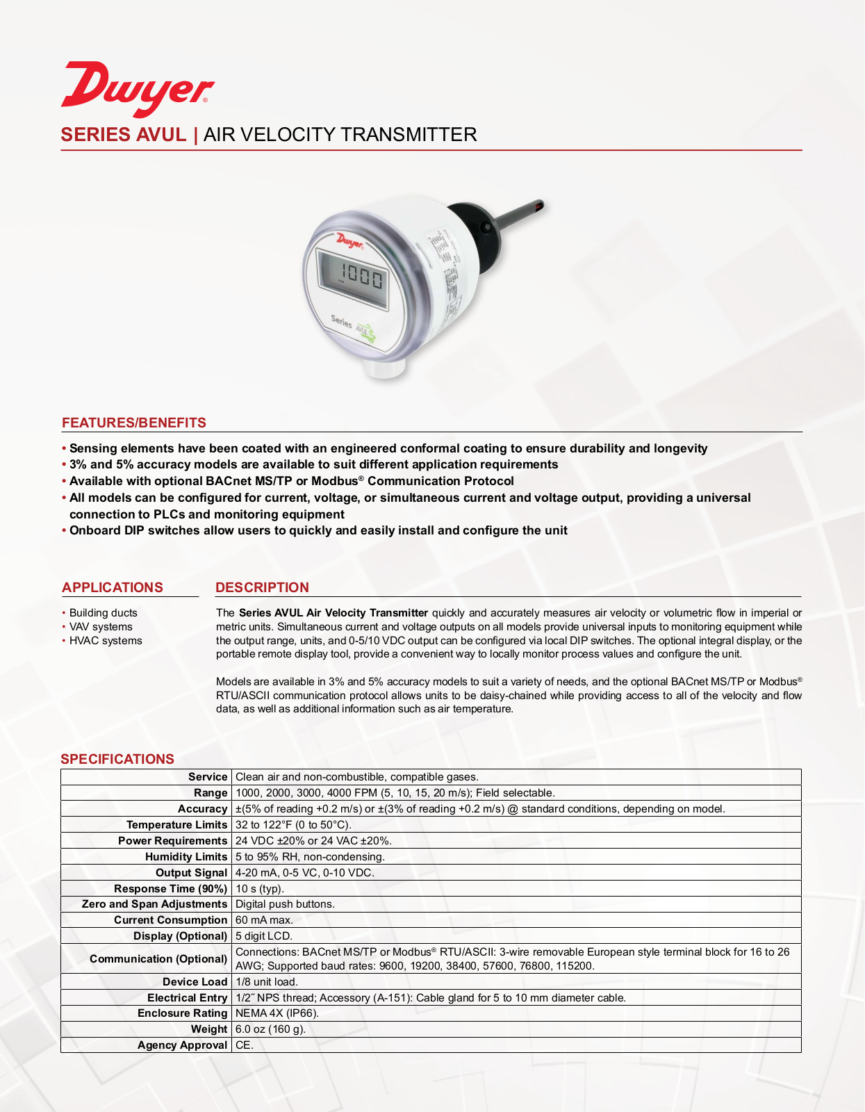 Dwyer Instruments SERIES AVUL Data Sheet