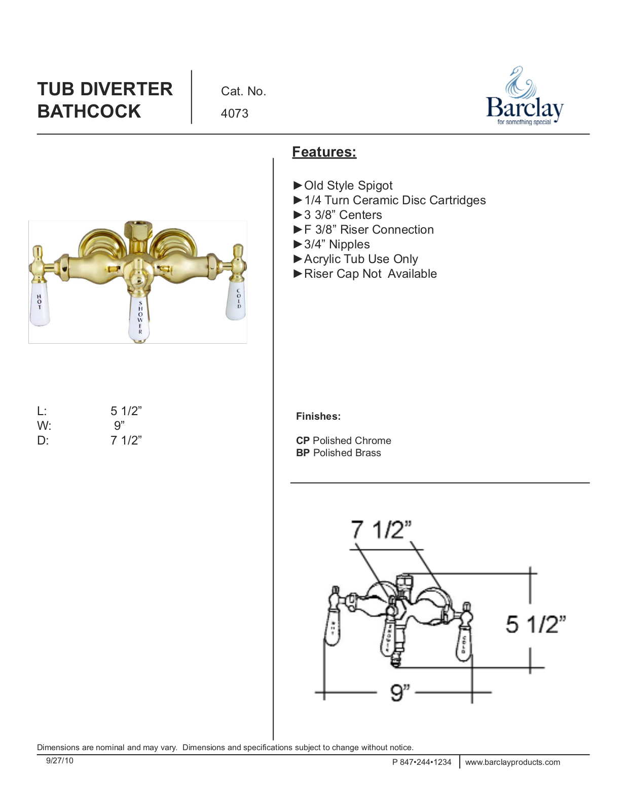 Barclay 4073PLPB Specifications