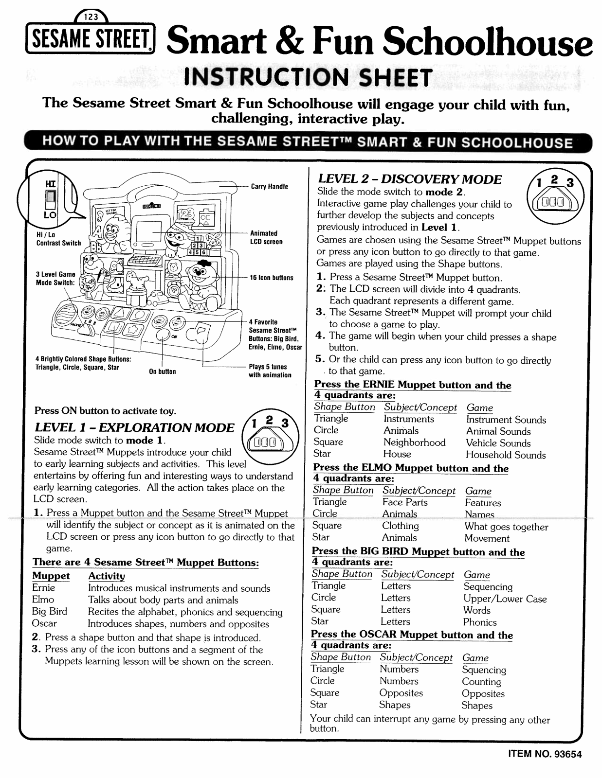 Fisher-Price 93654 Instruction Sheet