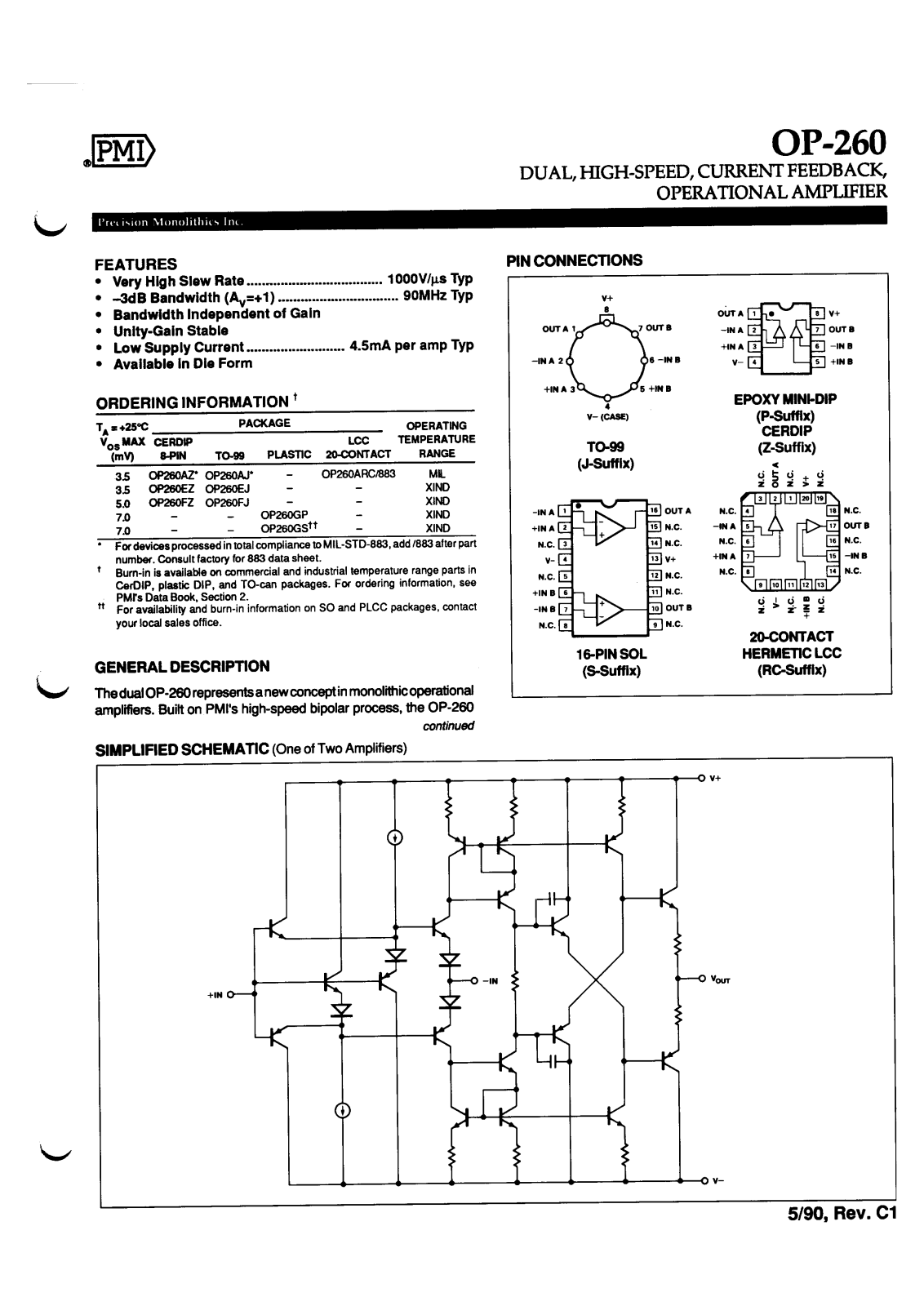 Analog Devices OP260ARC-883, OP260EZ, OP260GP, OP260GS, OP260EJ Datasheet