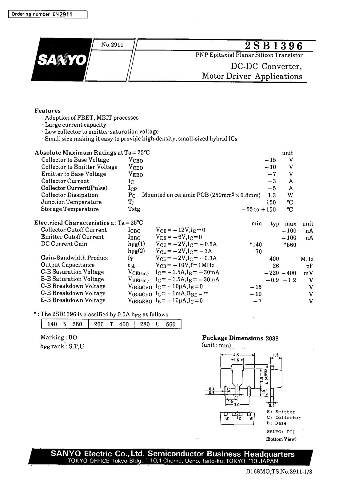 SANYO 2SB1396 Datasheet