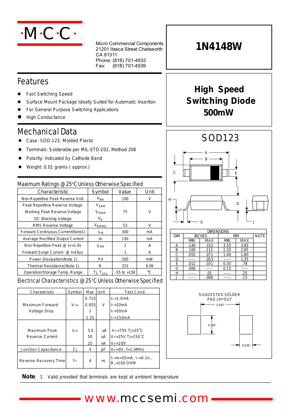 MCC 1N4148W Datasheet