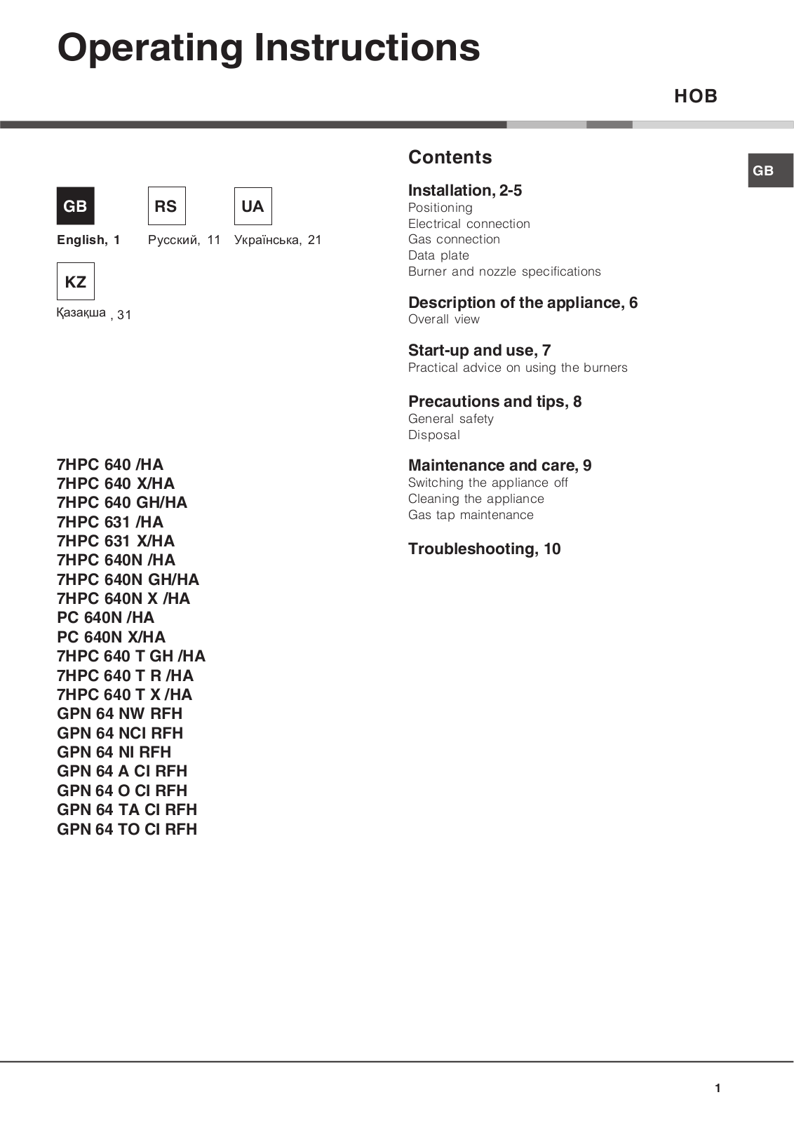 HOTPOINT/ARISTON 7HPC 640T (AN) R/HA User Manual