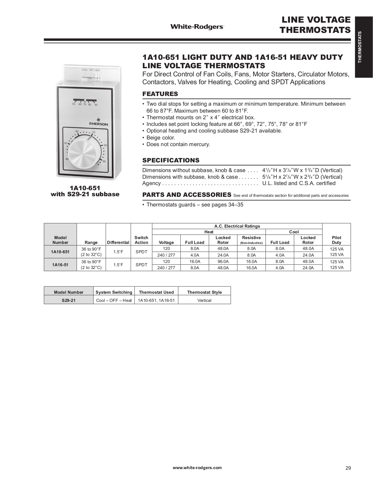 White Rodgers S29-21, 1A16-51 Catalog Page