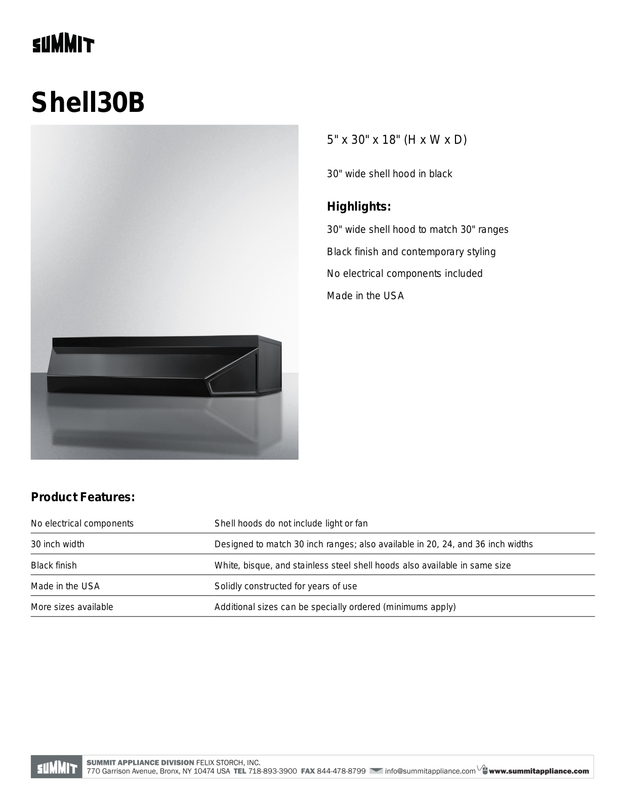 Summit SHELL30B Instruction Manual