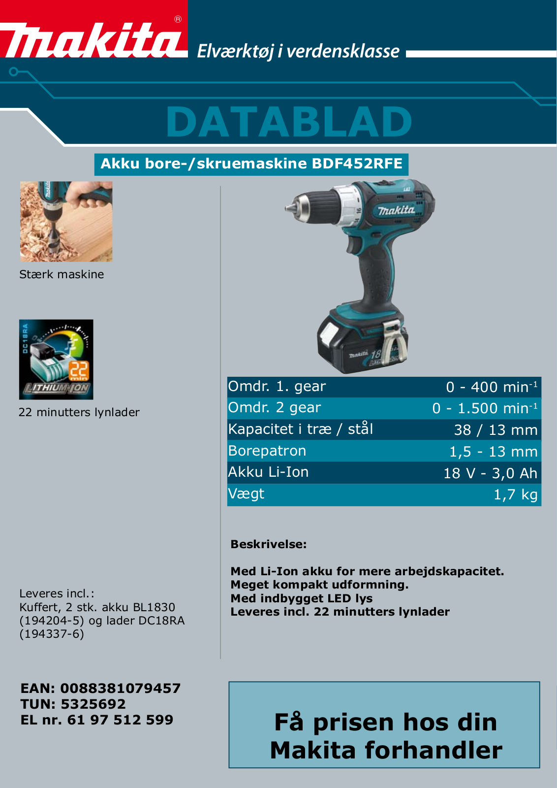 Makita BDF452RFE DATASHEET