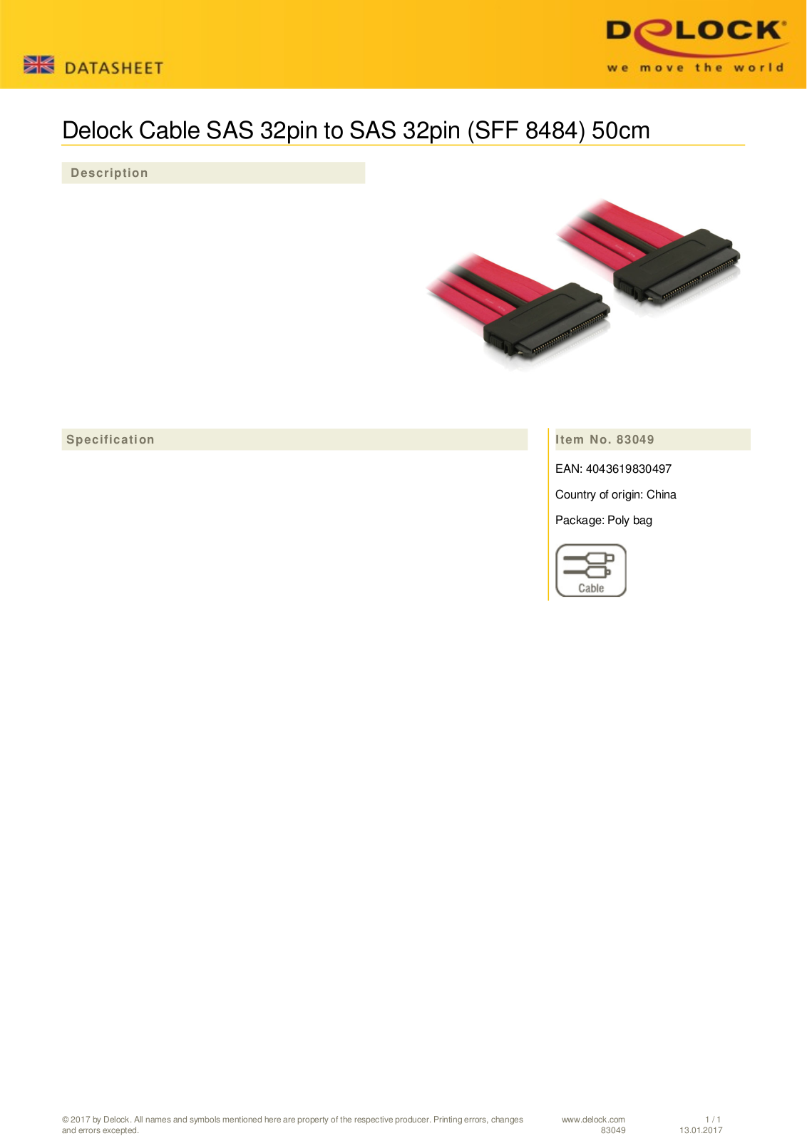 DeLOCK SAS  SFF-8484  Kabel, 0.5m User Manual