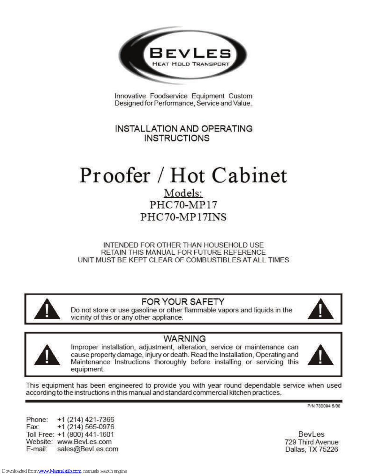 BevLes Proofer/Hot Cabinet PHC70-MPINS, PHC70-MP17, PHC70-MP17INS Installation And Operating Instructions Manual