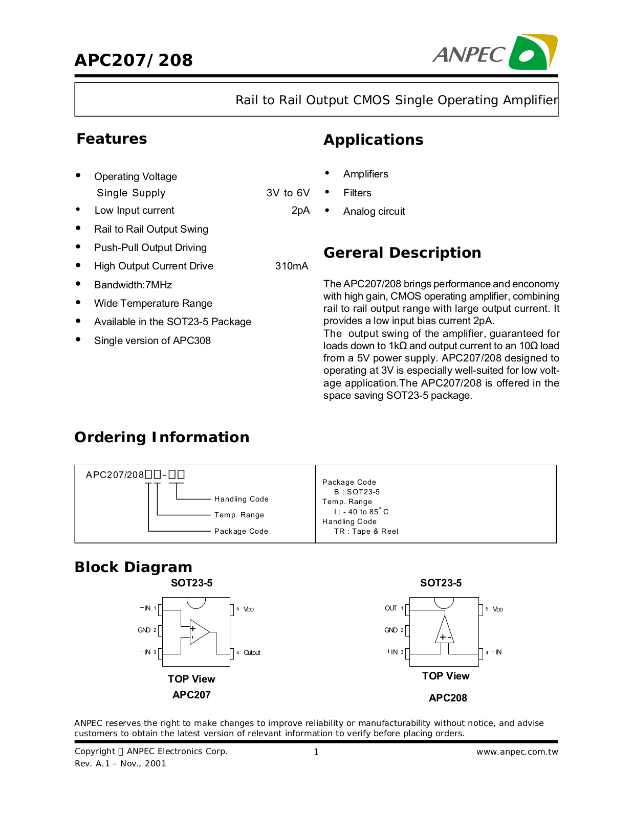 ANPEC APC208BI-TR, APC207BI-TR Datasheet