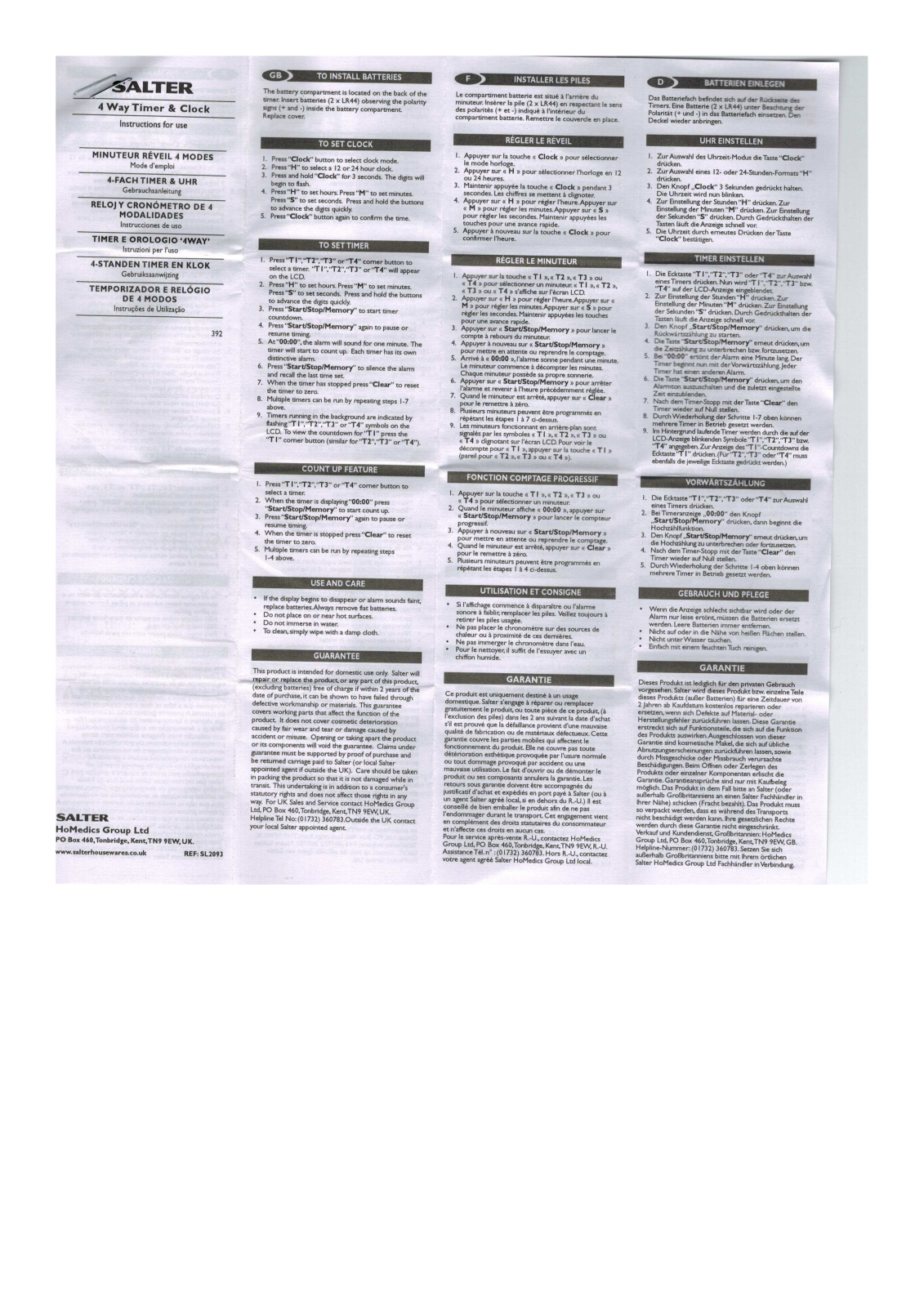 SALTER 4 WAY TIMER CLOCK392WHXR User Manual