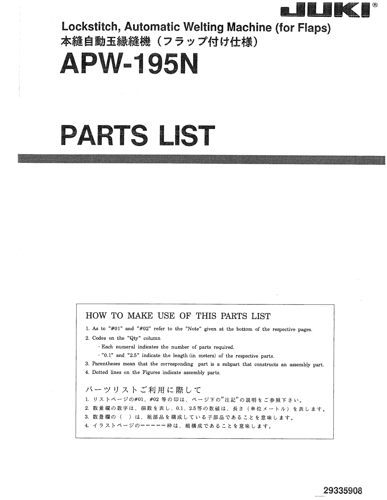 JUKI APW-195N Parts List