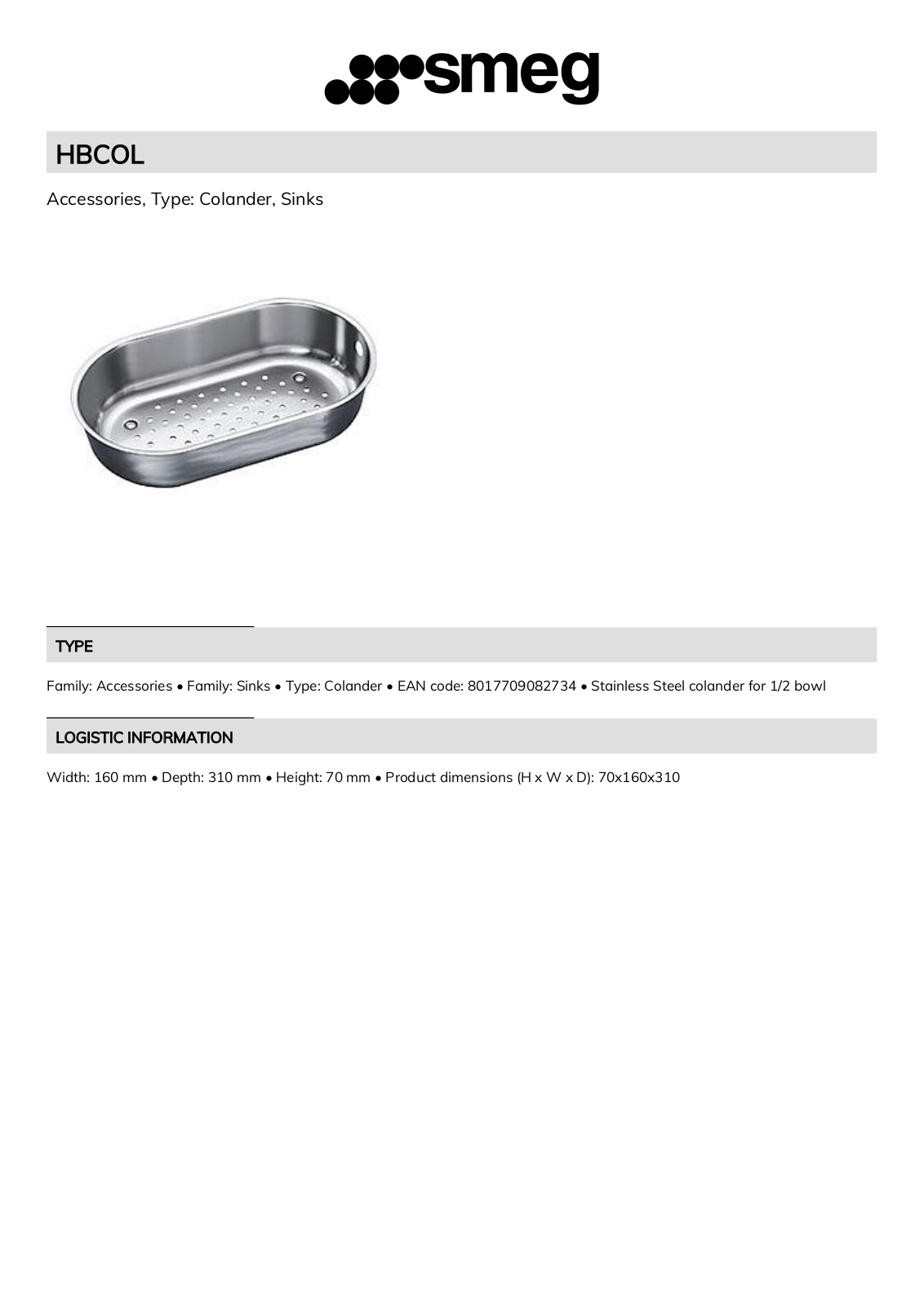 Smeg HBCOL Technical sheet