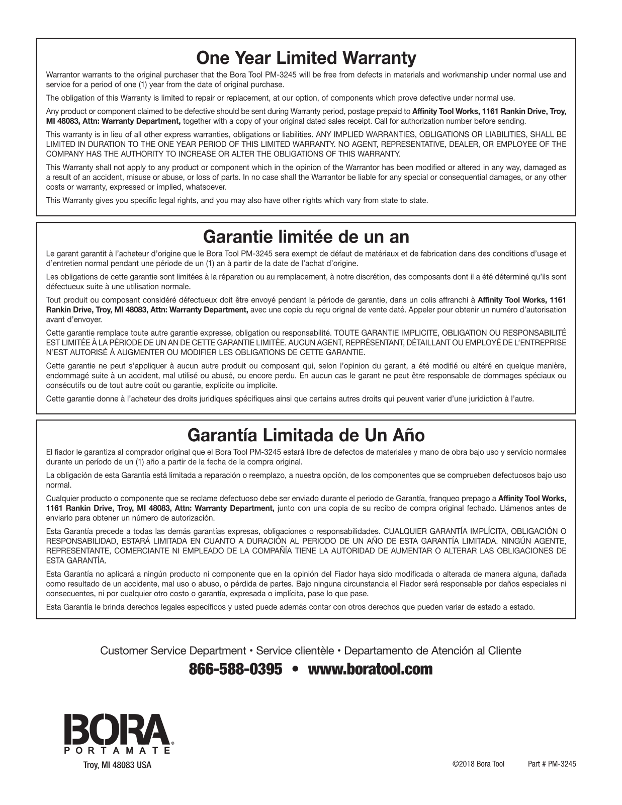Bora OBRA1000 Specifications - ManualMachine.com