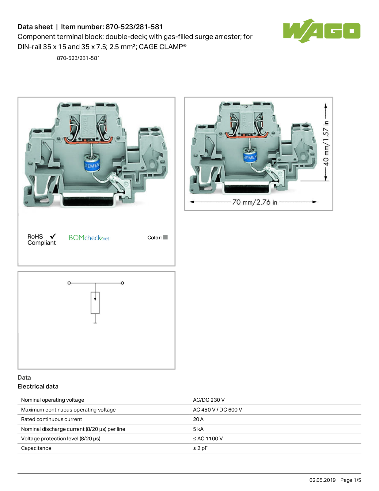 Wago 870-523/281-581 Data Sheet