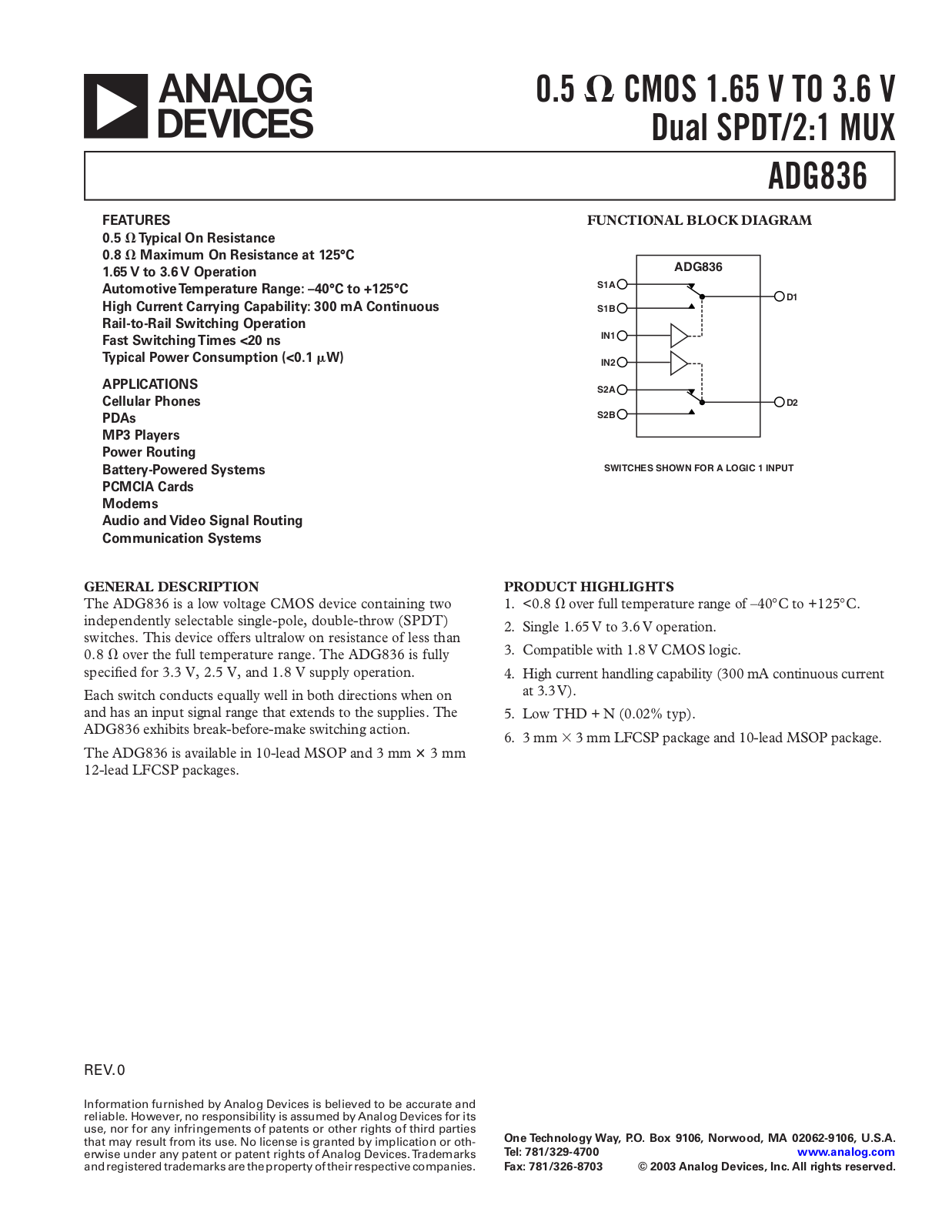 Analog Devices ADG836 Datasheet