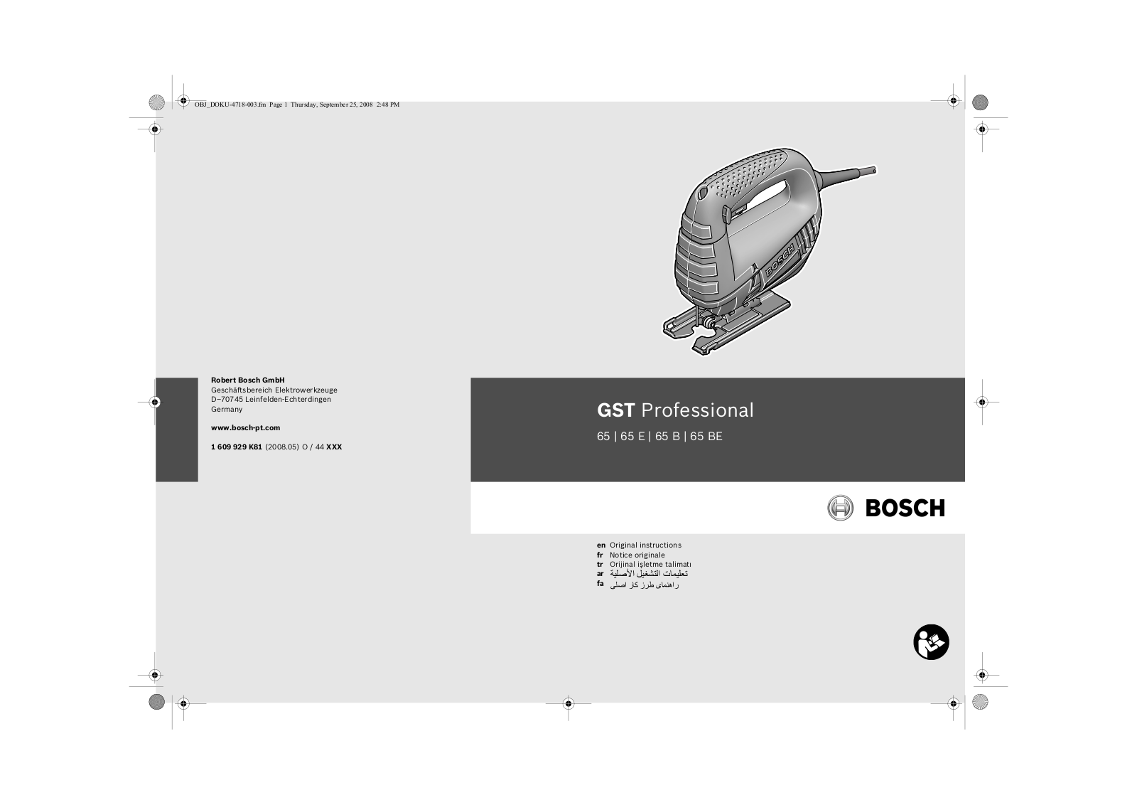 Bosch GST 65 Professional, GST 65 B Professional, GST65 BE Professional, GST 65 E Professional Original Instructions Manual