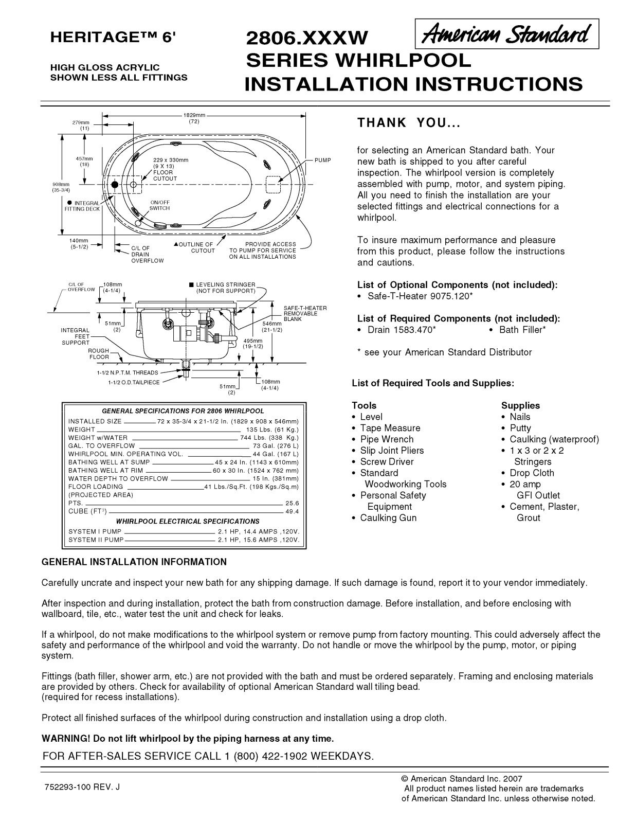 American Standard 2806.XXXW User Manual