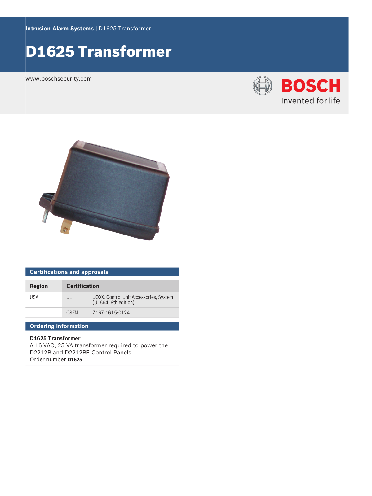 Bosch D1625 Specsheet