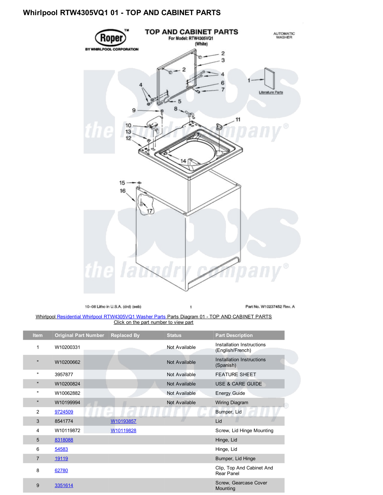 Whirlpool RTW4305VQ1 Parts Diagram