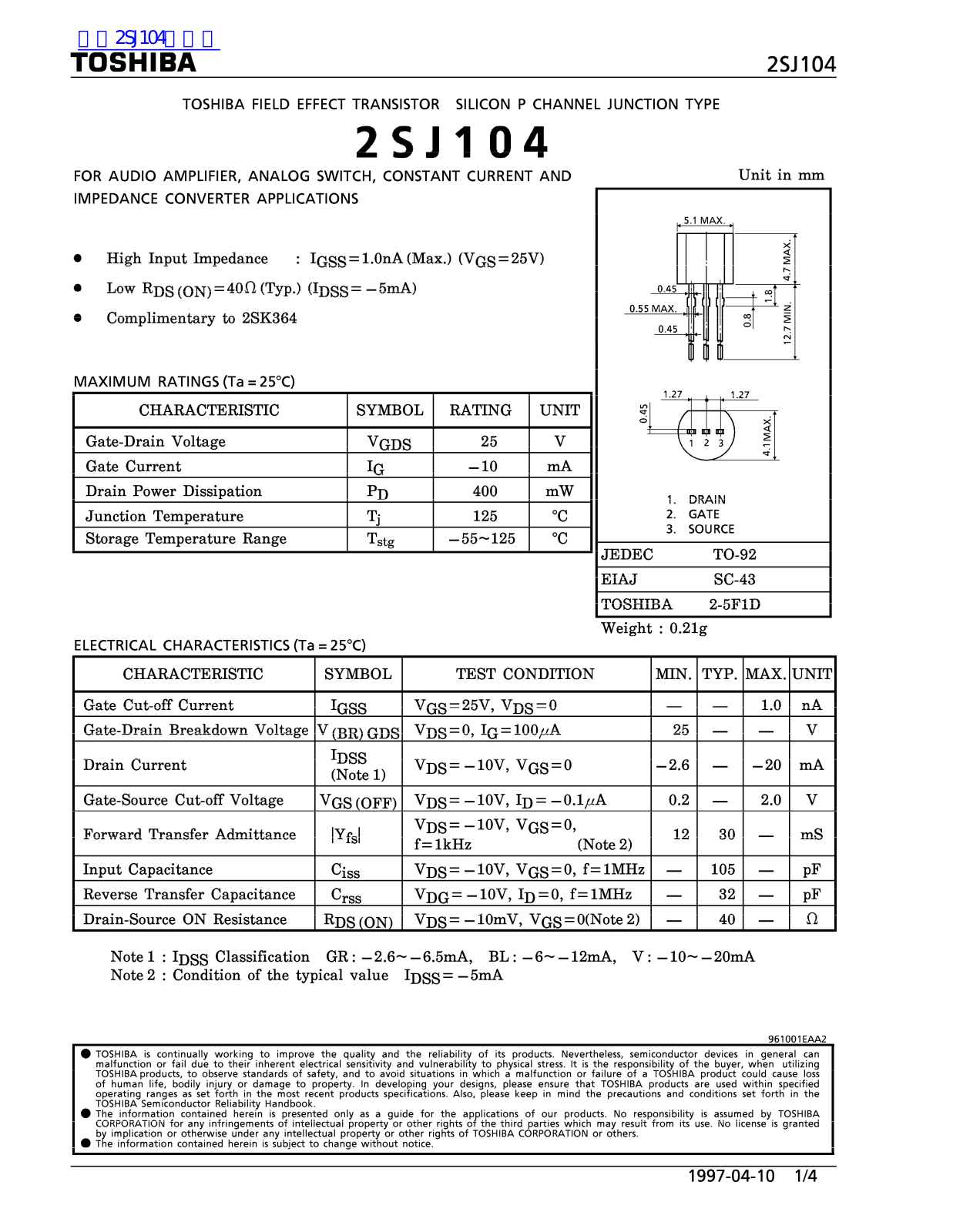 TOSHIBA 2SJ104 Technical data