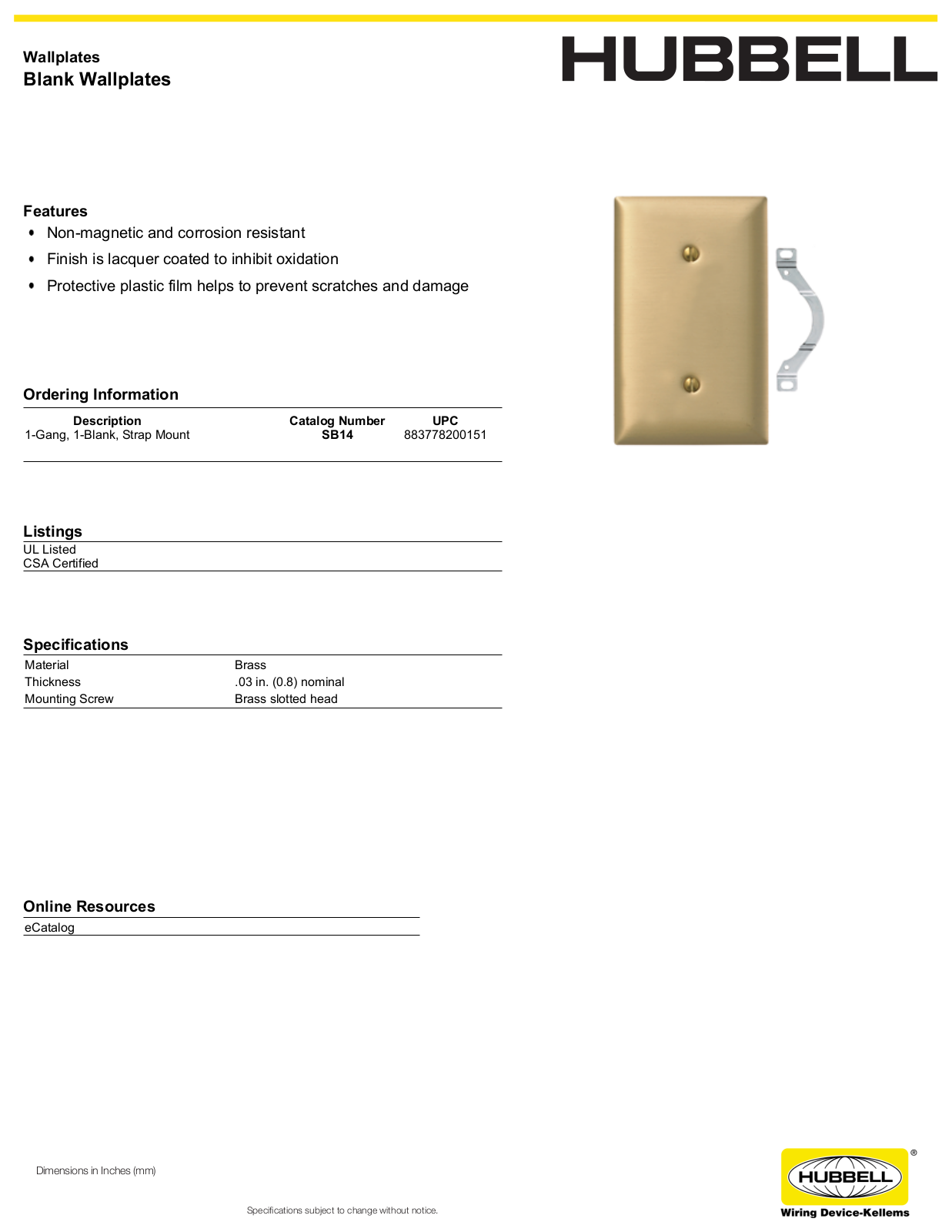 Hubbell SB14 Specifications