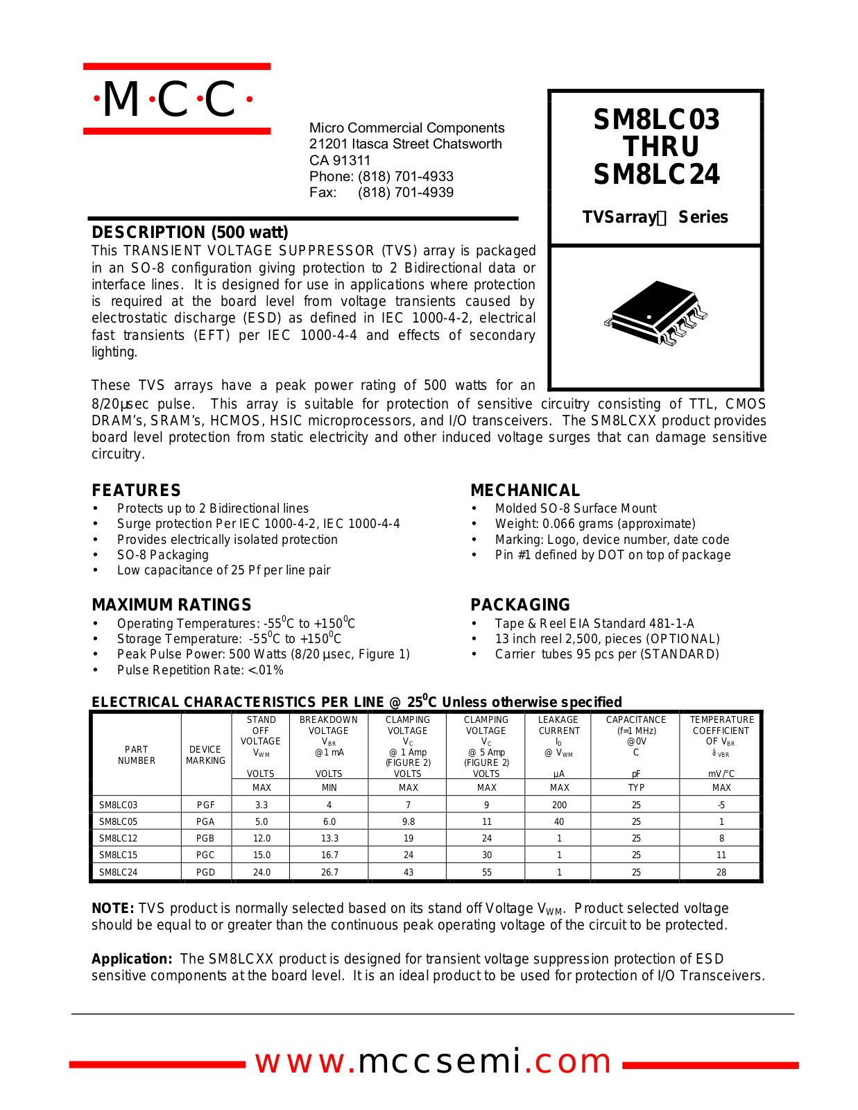 MCC SM8LC03, SM8LC05, SM8LC12, SM8LC15, SM8LC24 Datasheet