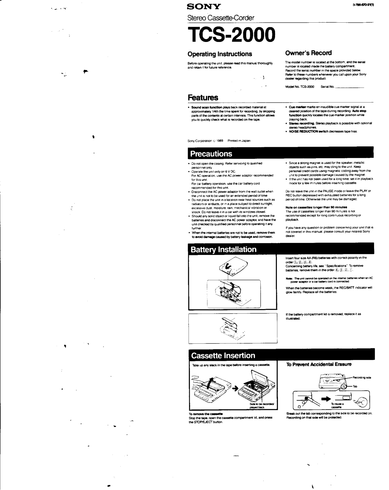 Sony TC-S2000 User Manual