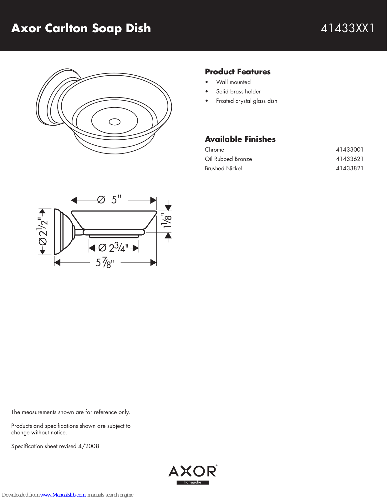 Axor 41433001, 41433621, 41433821 Specification Sheet