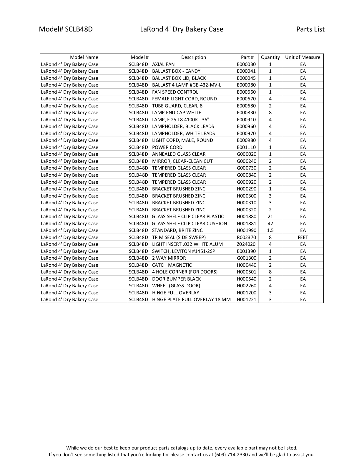 RPI Industries SCLB48D Parts List