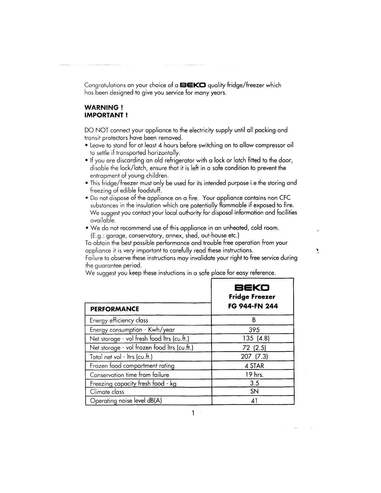 Beko FG944, FN244 User Manual