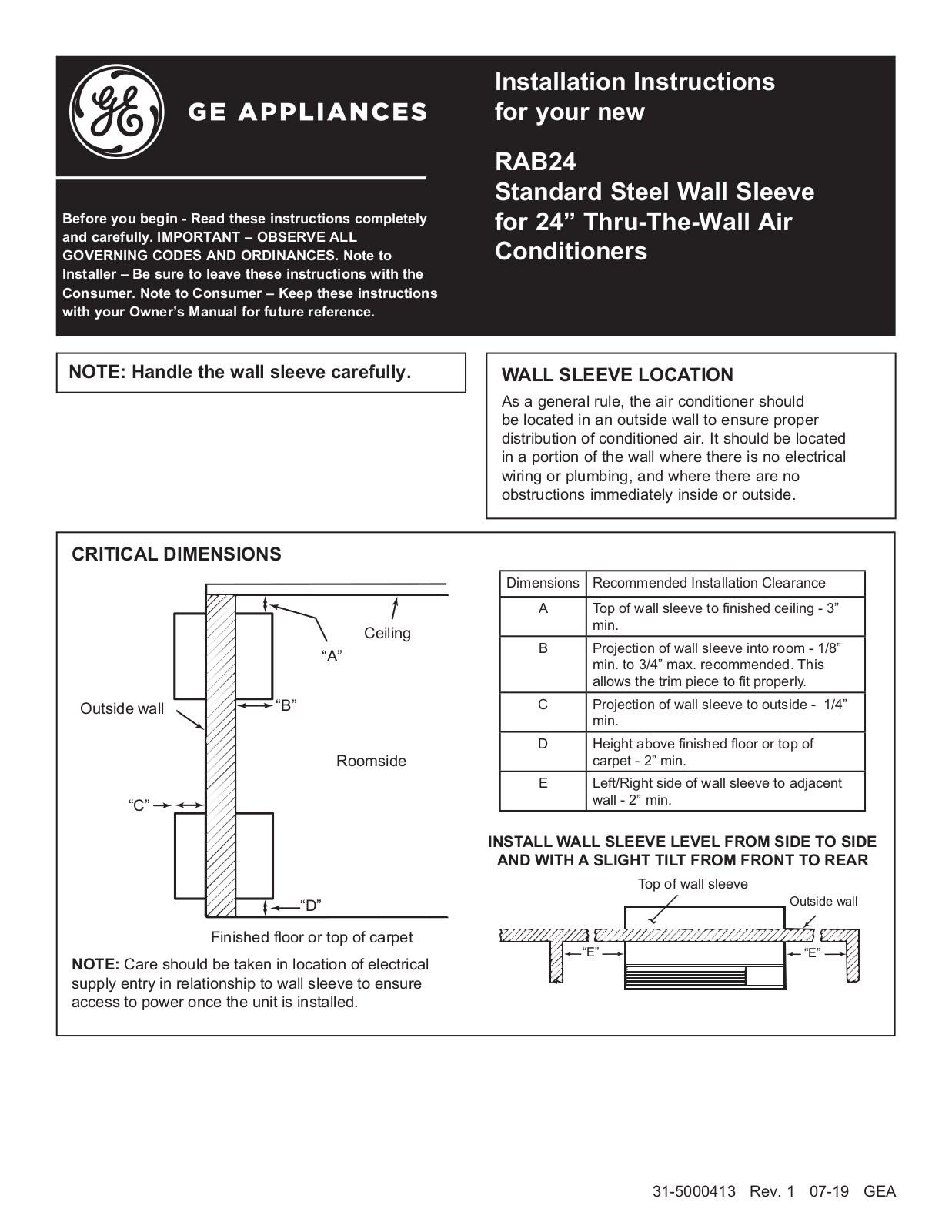 GE RAB24 Installation Instructions