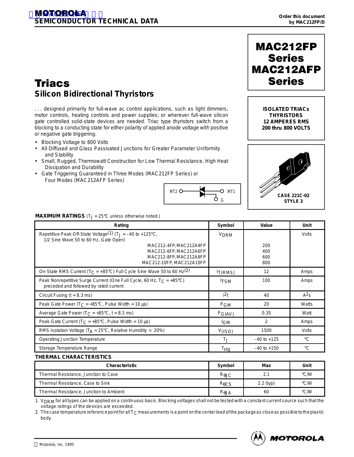 MOTOROLA MAC212FP Technical data