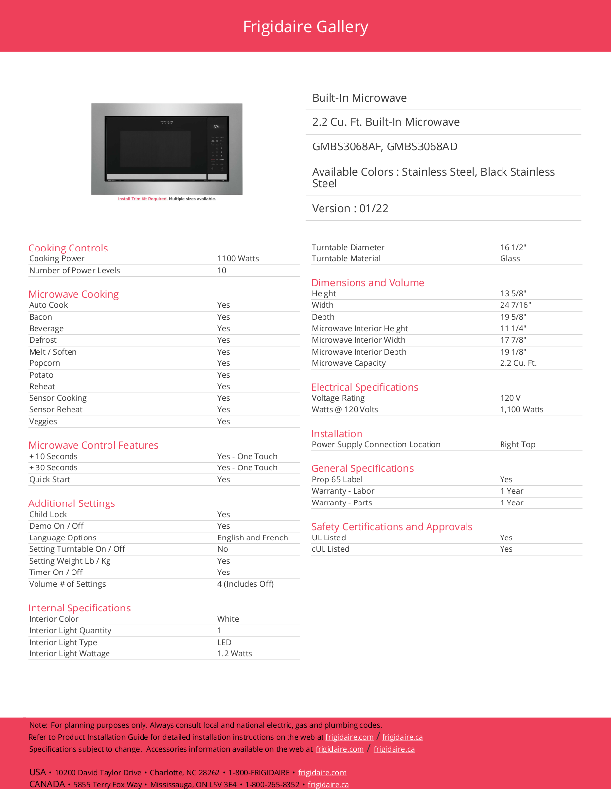 Frigidaire GMBS3068AF Specifications - ManualMachine.com