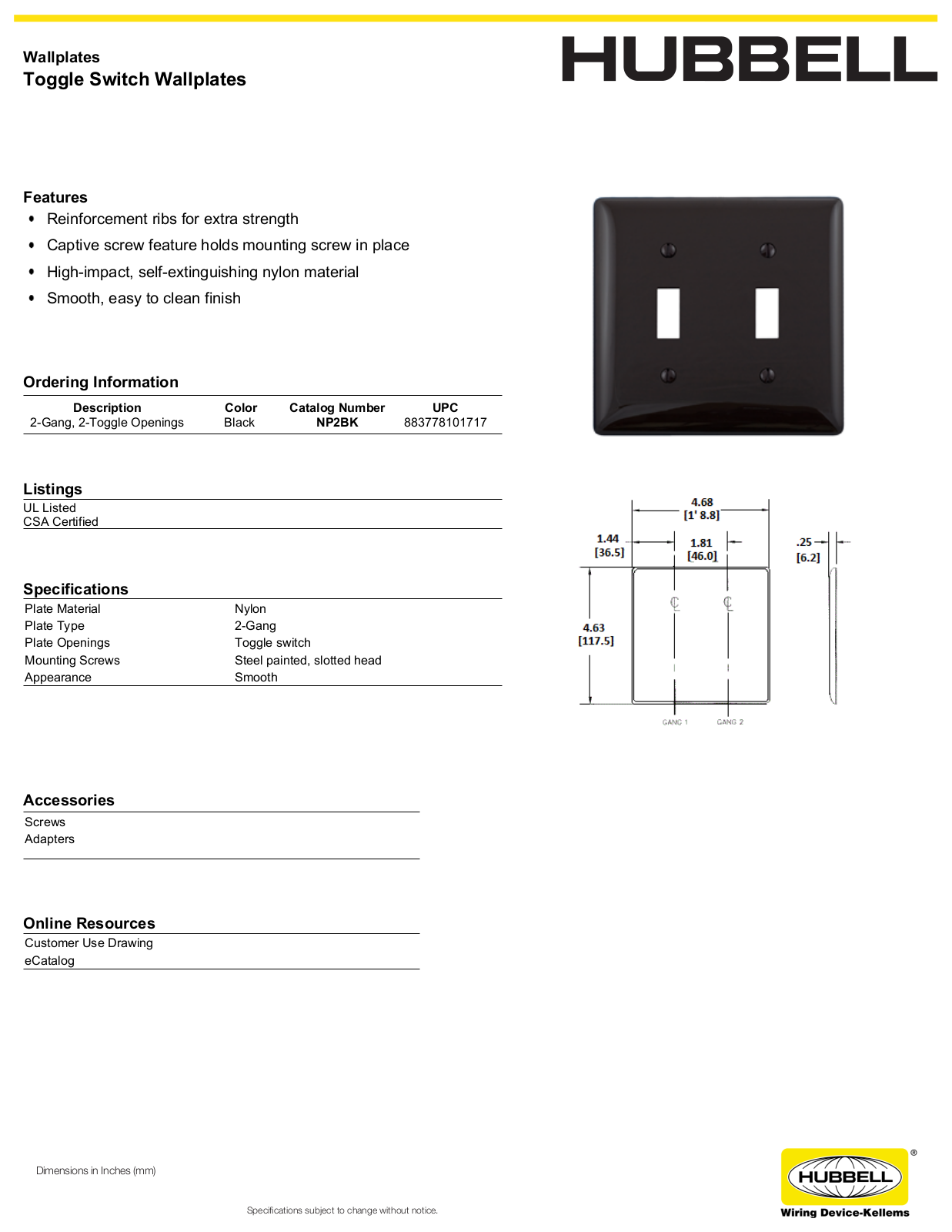 Hubbell NP2BK Specifications